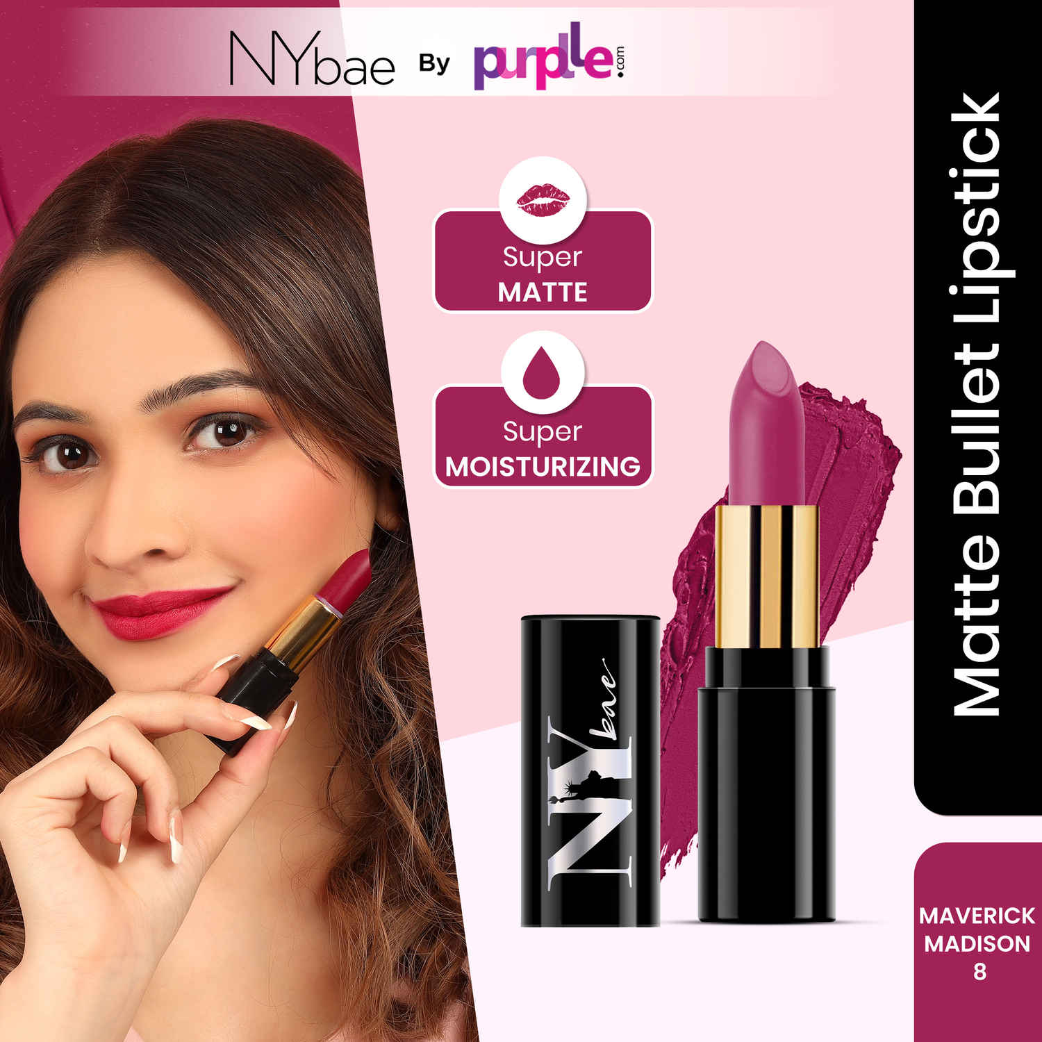 Buy NY Bae Super Matte Lipstick - Maverick Madison 8 (4.2 g) | Purple | Matte Finish | Enriched with Vitamin E | Rich Colour Payoff | Nourishing | Long lasting | Smudgeproof | Vegan | Cruelty & Paraben Free - Purplle