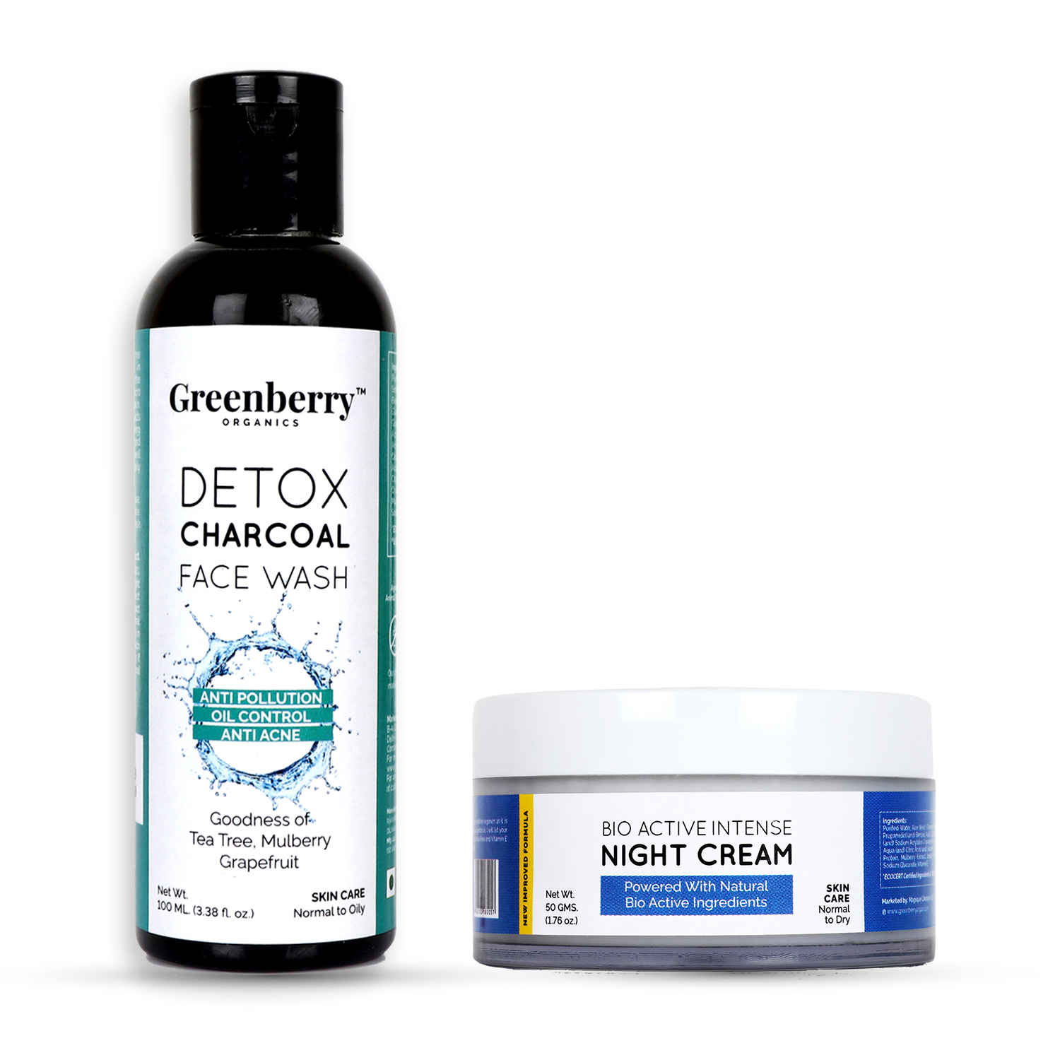 Buy Greenberry Organics Detox Charcoal Face Wash & Bio Active Intense Night Cream Combo - Purplle