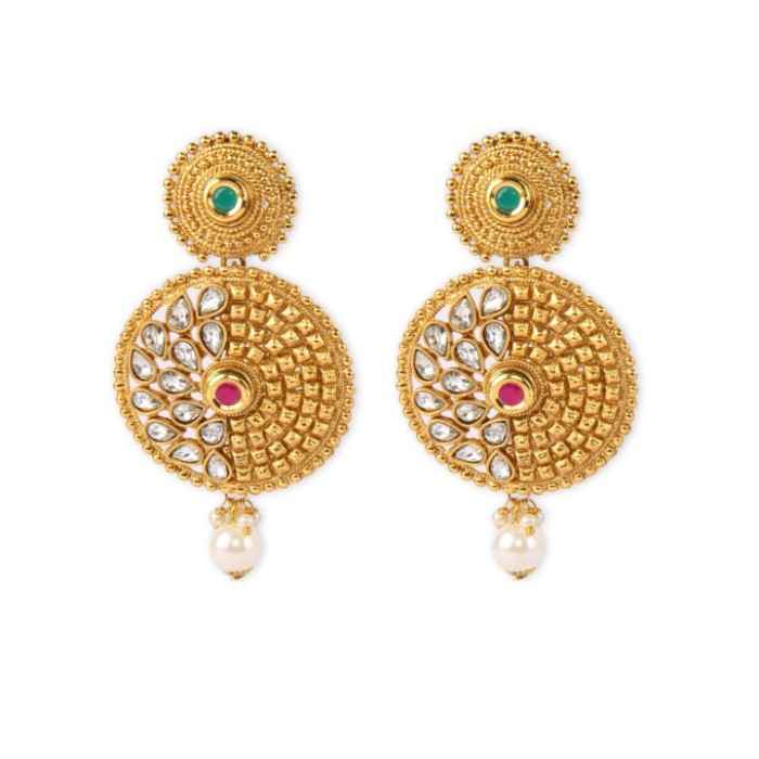 Buy Royal Bling Gold-Plated Textured Stone-Studded Circular Drop Earrings - Purplle