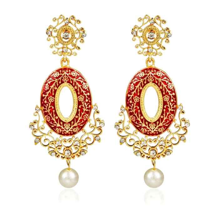 Buy Royal Bling Red Gold-Plated Meenakari-Work Stone-Studded Oval Drop Earrings - Purplle