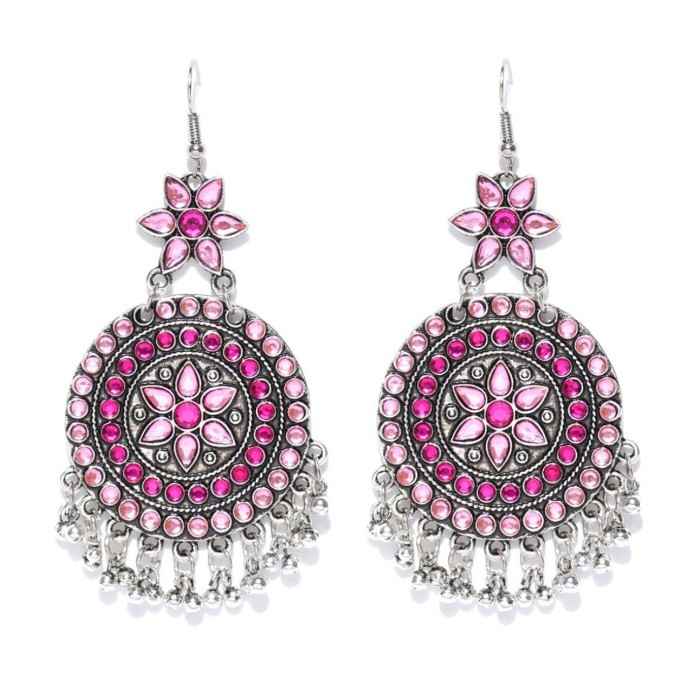 Buy Crunchy Fashion Pink Oxidised Silver-Plated Stone-Studded Circular Drop Earrings - Purplle