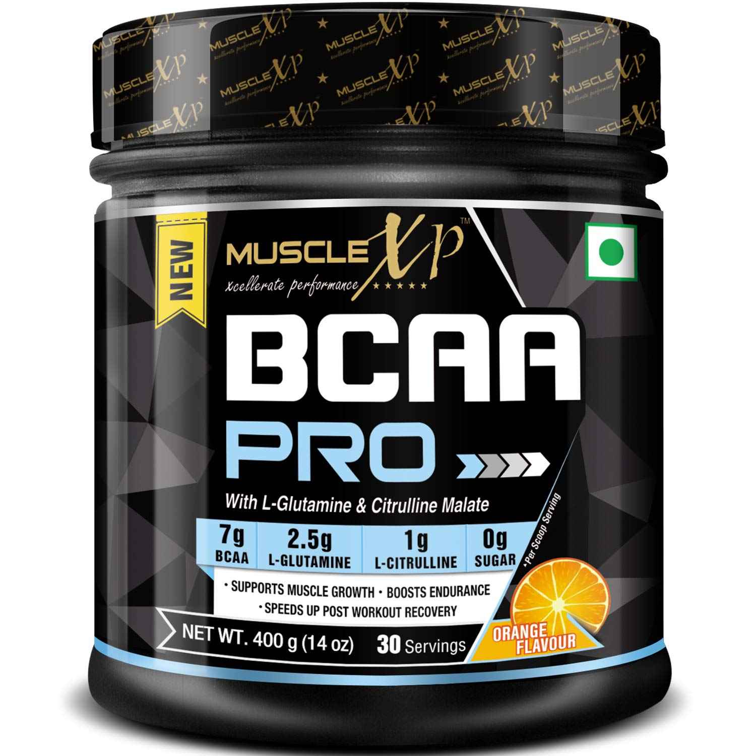 Buy MuscleXP BCAA PRO With L-Glutamine & Citrulline Malate, Orange, 400g (14 oz) - 30 Servings - Purplle