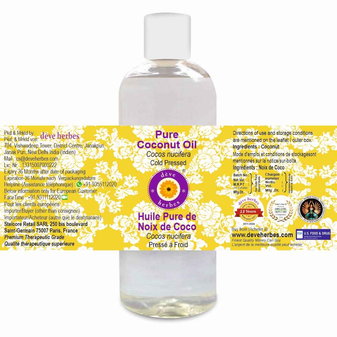 Buy Deve Herbes Pure Coconut Oil (Cocos nucifera) 100% Natural Therapeutic Grade Cold Pressed (200 ml) - Purplle