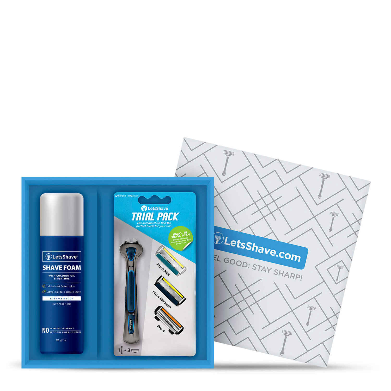 Buy LetsShave Executive Trial Kit – 1 Razor Handle(Blue) + Pro 4, 6 Plus & 6 Advance (Blades)+ Razor cap + Shaving Foam 200 gm + FREE Travel Bag - Purplle