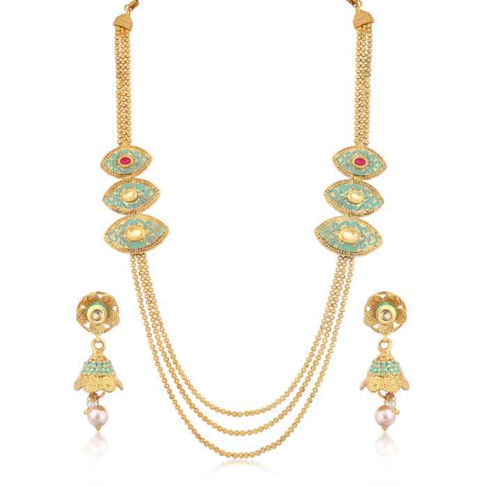 Buy Sukkhi Attractive Mint Collection 3 String Gold Plated Jalebi Long Haram Necklace Set For Women - N77010 - Purplle