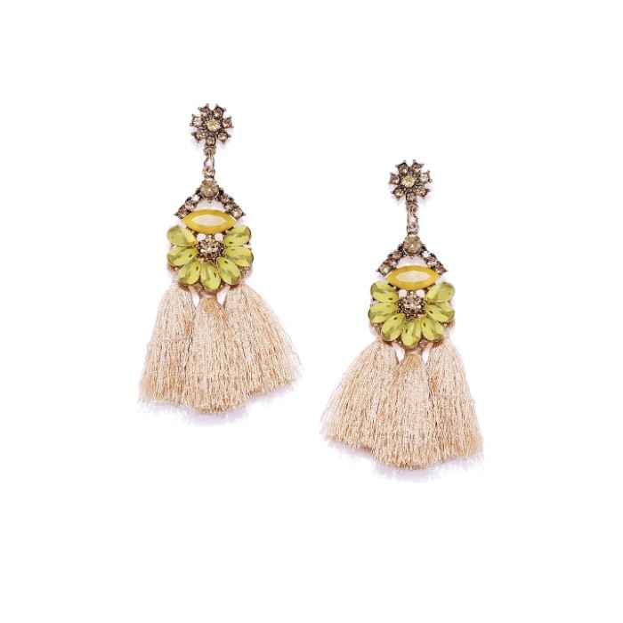 Buy Golden Peacock Vintage Khaki Oval Shape Decorated Tassel Earrings - Purplle