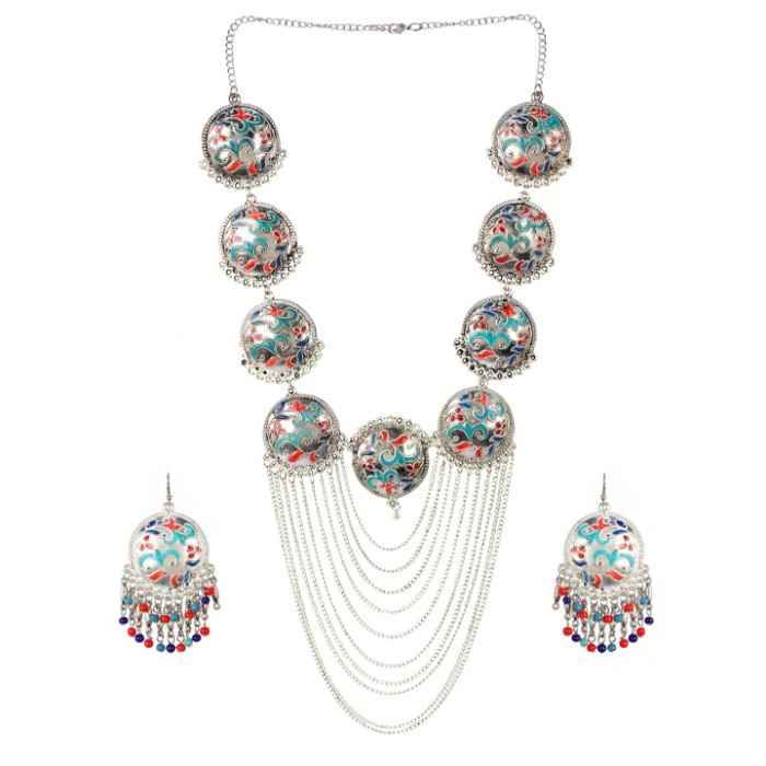 Buy Crunchy Fashion Oxidized Silver Long Necklace With Earrings - Purplle