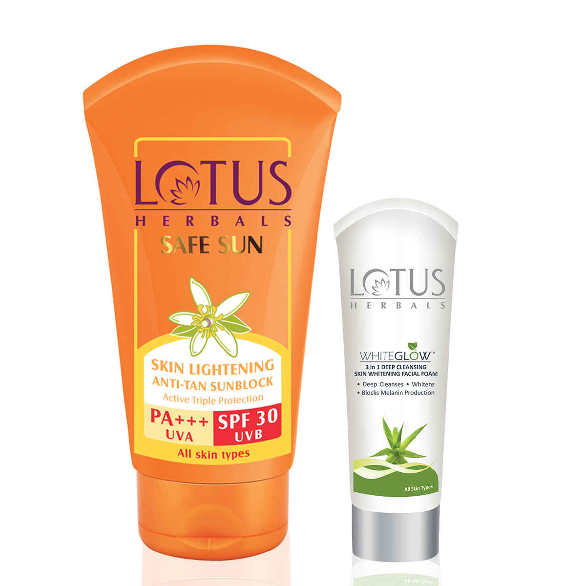 Buy Lotus Herbals Combo Pack - Safe Sun Anti -Tan Sunblock PA+++ Spf-30 & Whiteglow Facial Foam (50 g + 30 g) - Purplle
