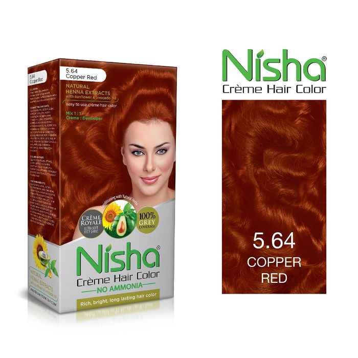 Buy Nisha Cream Permanent hair color superior quality with sunflower & avocado oil NO AMMONIA Cream FORMULA Rich, bright, long lasting & smooth care for your precious hair! (60 GM + 60 ML + 18 ML) COPPER RED 5.64 - Purplle