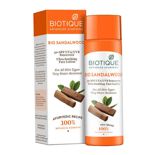 Buy Biotique Bio Sandalwood Ultra Soothing Face Lotion 50+ SPF UVA/UVB Sunscreen (120 ml) - Purplle