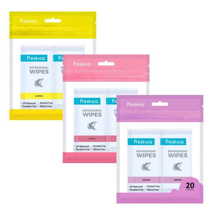 Buy Freshca Refreshing Wet Wipes Single Sachet Men Women Hand Face Floral Orchid Lemon Fragrance pH Balanced Alcohol Paraben Silicon Free 20 Pcs (Pack of 3) - Purplle