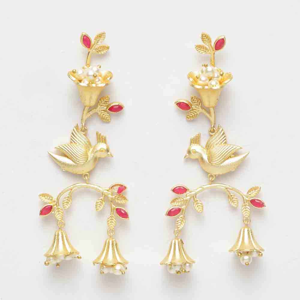 Buy Ferosh Pakhi Ruby Red Golden Drop Ethnic Earrings - Purplle