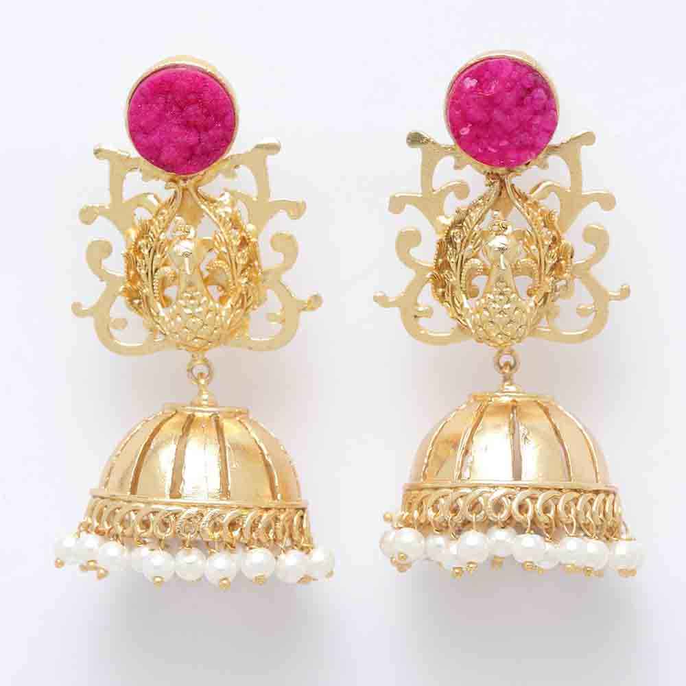 Buy Ferosh Pariniti Gleaming Hot Pink Golden Mayura Jhumkas - Purplle