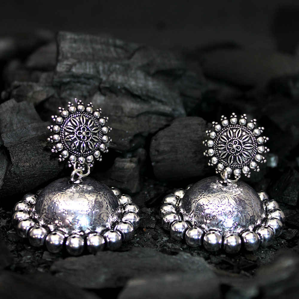 Buy Ferosh Kathika Floral Oxidized Silver Jhumka - Purplle