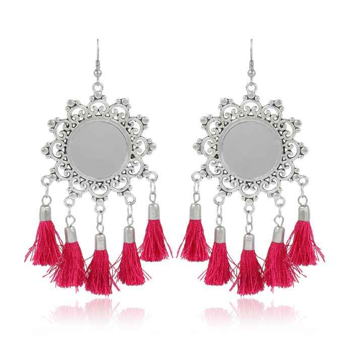 Buy Karatcart Jaipuri Designer Vintage Oxidised Silver Tribal Dangler Hanging Mirror Earring with Red Tasselsfor Women - Purplle