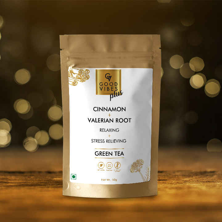 Buy Good Vibes Plus Relaxing + Stress Relieving Green Tea - Cinnamon + Valerian Root (50 gm) - Purplle