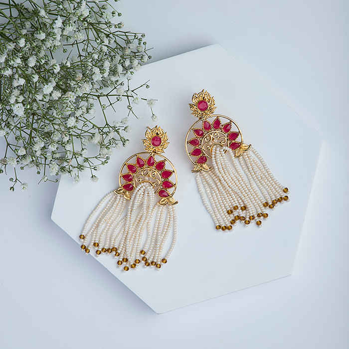 Buy Queen Be White Pearls, Yellow Gold Red Enamel Chandelier - EV19008 - Purplle