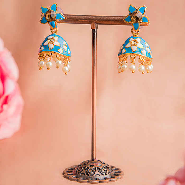 Buy Queen Be Floral Enameled Jhumkis, Deep Blue & White With White Pearls - EV19066 - Purplle
