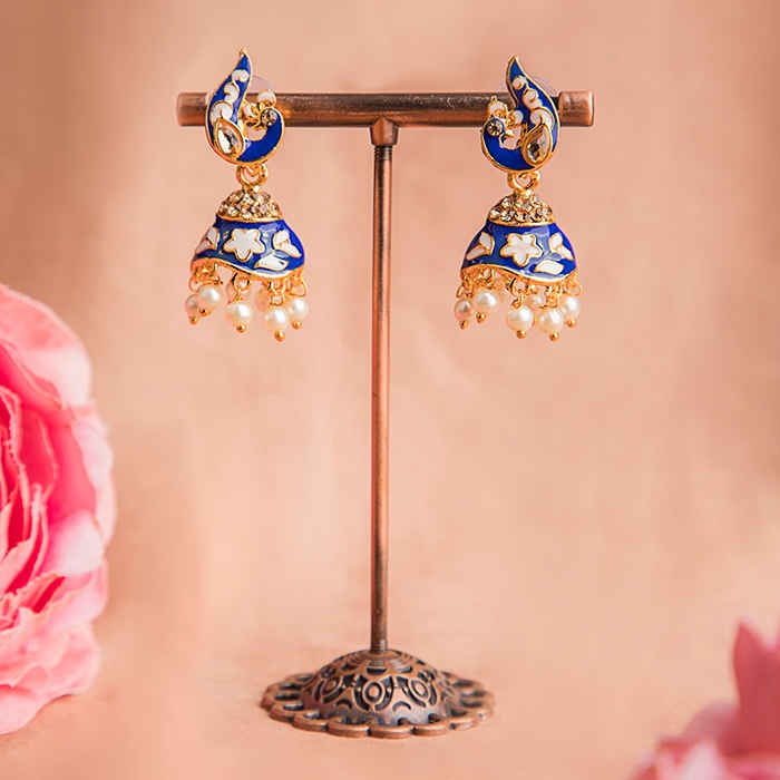 Buy Queen Be Peacock Enameled Jhumkis Dark Blue And White With White Pearls -EV19068 - Purplle