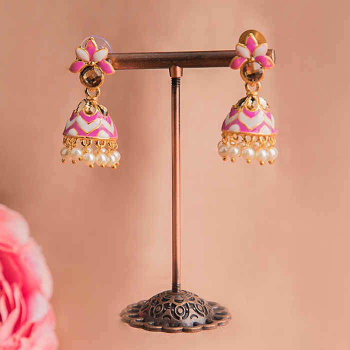 Buy Queen Be Leaf Enameled Jhumkis, White & Pink With White Pearls - EV19069 - Purplle