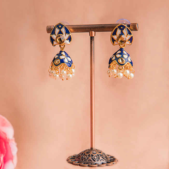 Buy Queen Be Everyday Enameled Jhumkis, Deep Blue & White With White Pearls - EV19070 - Purplle