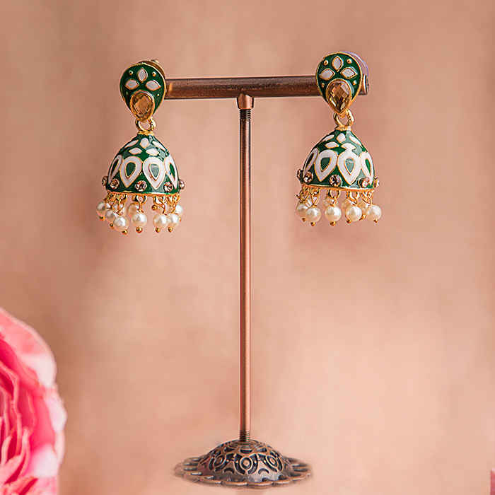 Buy Queen Be Paisley Enameled Jhumkis, Emerald Green And White With White Pearls - EV19072 - Purplle