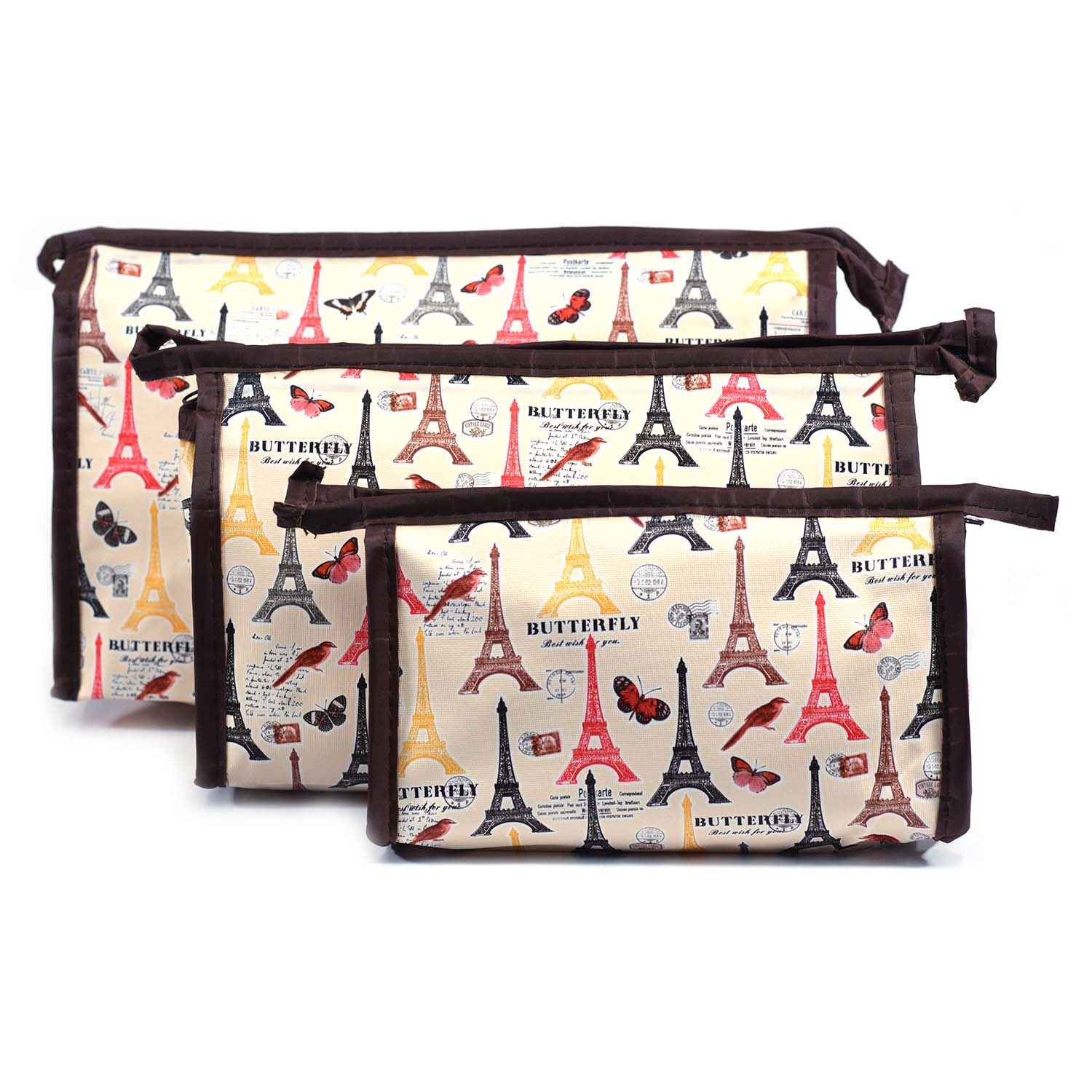 Buy Bonjour Paris Coat Me 3 pc Women's Multi Purpose Makeup Bag / Cosmetic Pouch ButterFly Tower - Purplle