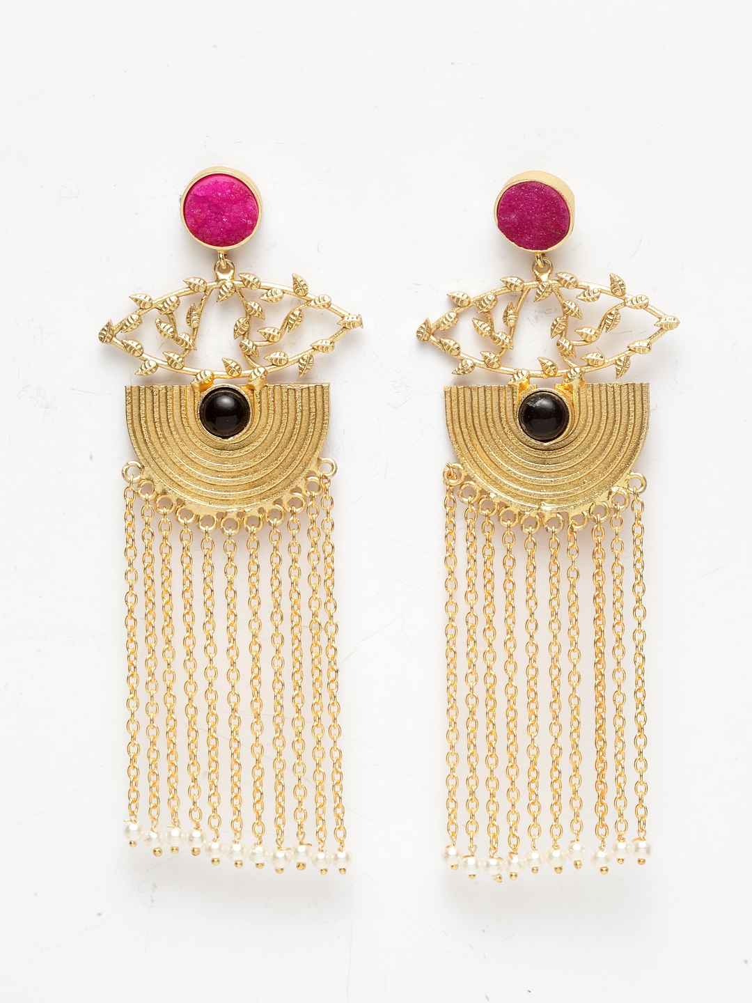 Buy Ferosh Adhrita Pink-Black Stone Pearl Chained Tassel Earrings - Purplle