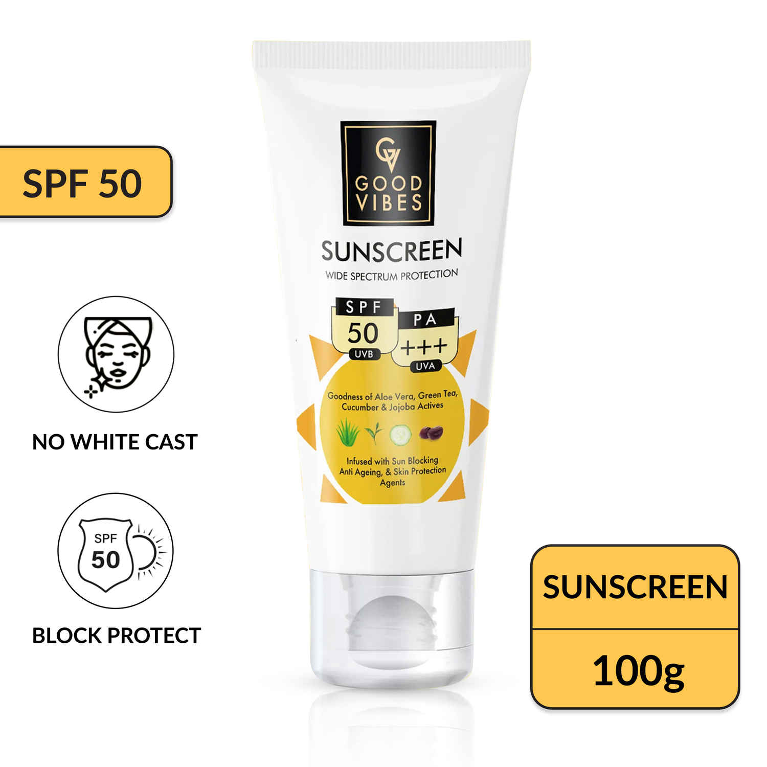 Buy Good Vibes Wide Spectrum Protection Sunscreen with SPF 50 | Non-Greasy, Anti-Ageing | With Aloe Vera | No Parabens, No Animal Testing (100 g) - Purplle