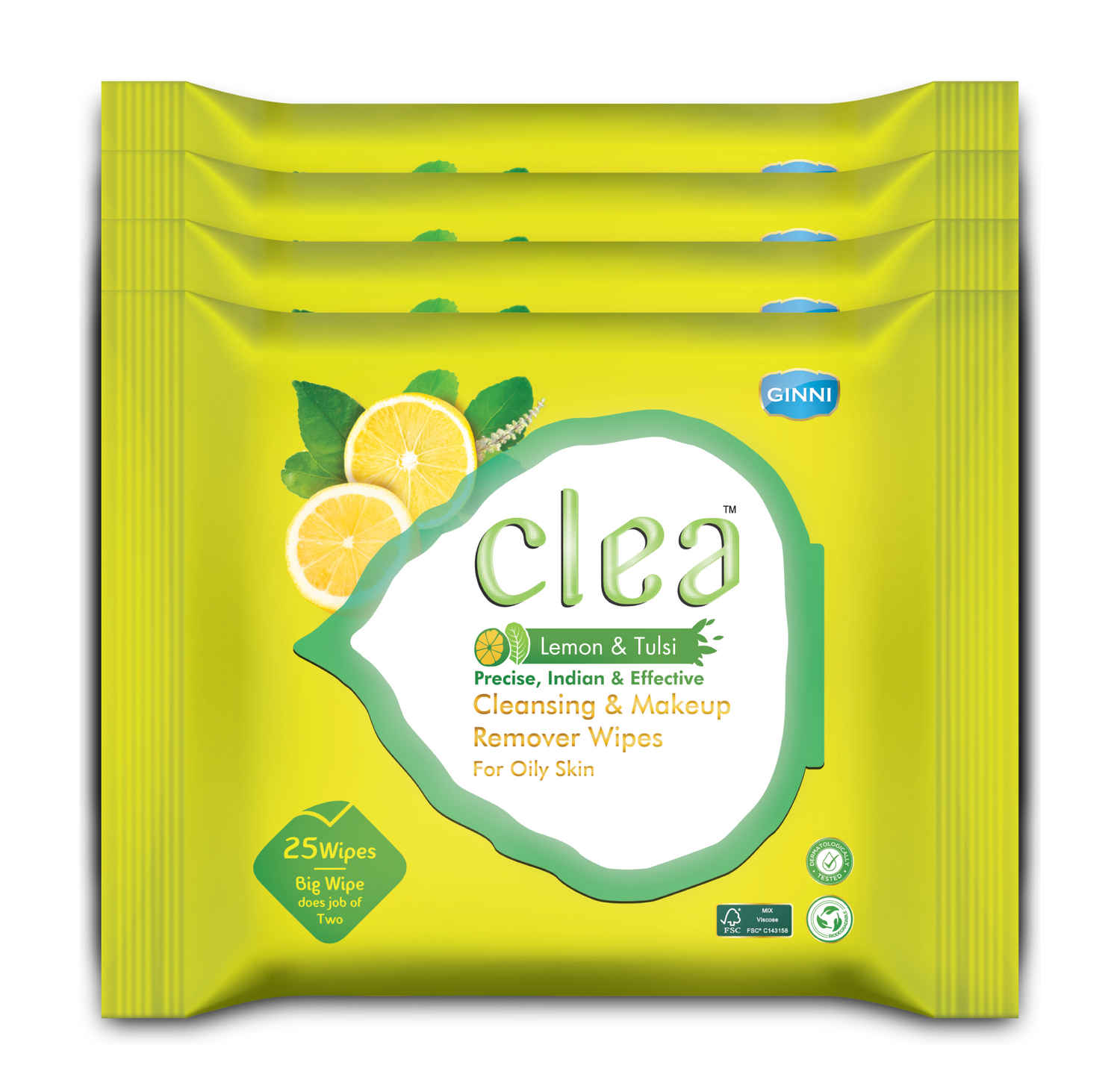 Buy Clea Cleansing & Makeup Remover Wipes (Lemon & Tulsi) (25 Wipes per pack) (Big Wipe does job of Two) Pack of 4 - Purplle