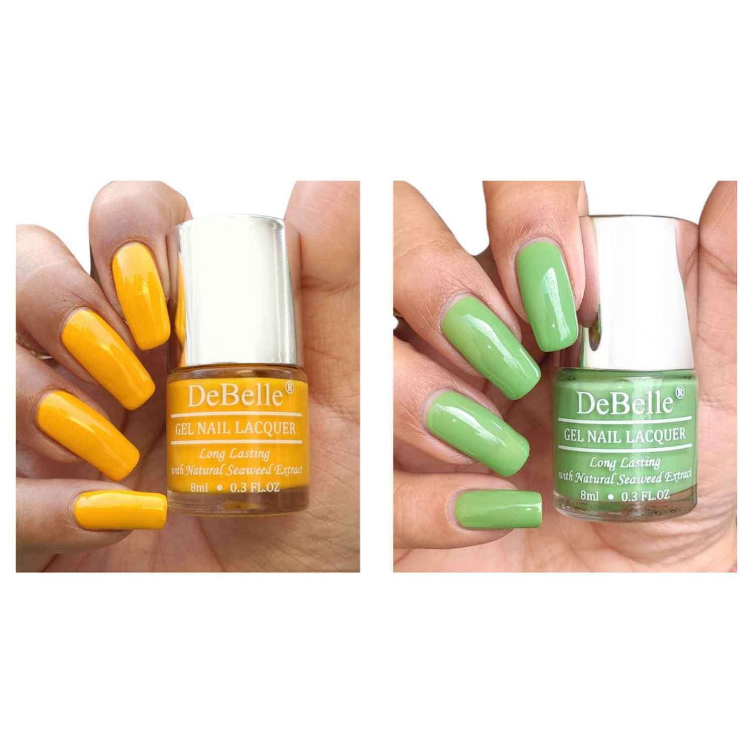 Buy DeBelle Gel Nail Polish Combo Set of 2 - Mystique Green (Pastel Green) and Caramelo Yellow (Yellow) 8 ml each - Purplle