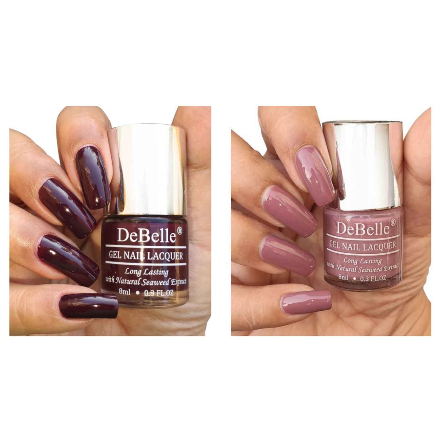 Buy DeBelle Gel Nail Polish Combo Set of 2 - Glamarous Garnet (Dark Maroon) and Laura Aura (Light Mauve) 8 ml each - Purplle