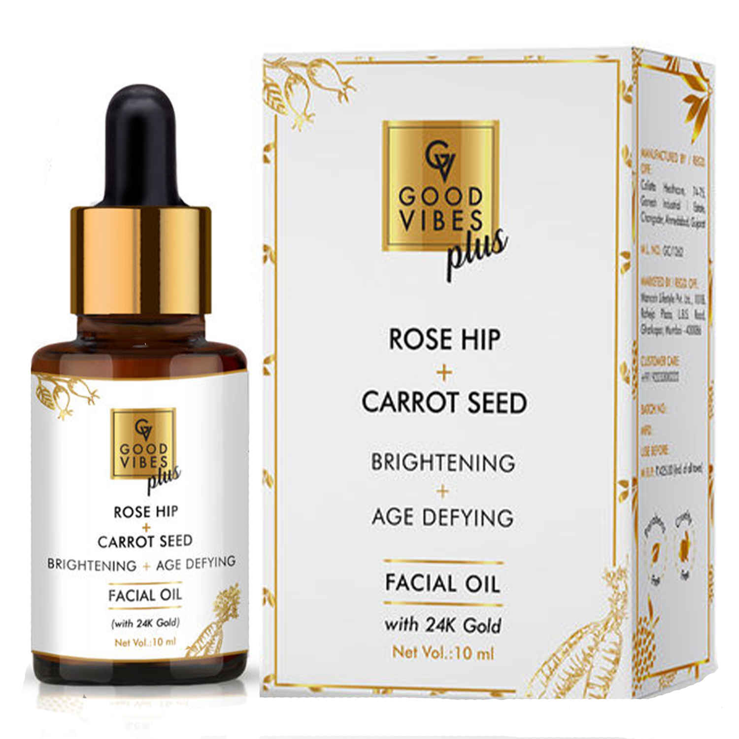 Buy Good Vibes Plus Rose Hip + Carrot Seed Brightening + Age Defying Facial Oil with 24K Gold | Anti-Ageing, Hydrating | No Parabens, No Sulphates (10 ml) - Purplle