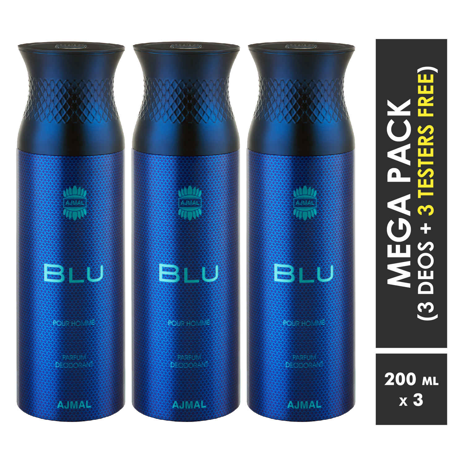 Buy Ajmal Blu Deodorant Spray For Men 200ml each (Pack of 3, 600ml) + 3 Parfum Testers Free - Purplle