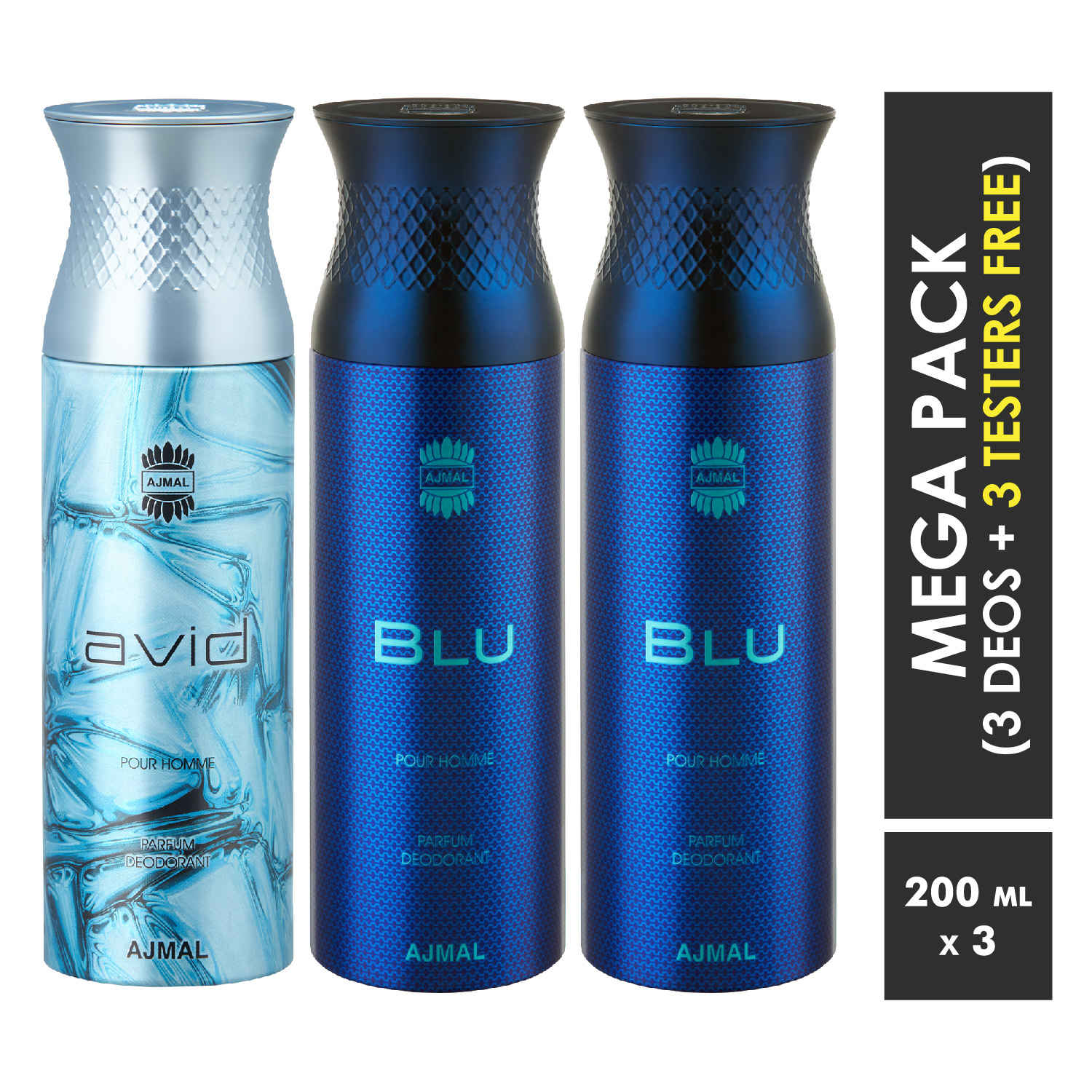 Buy Ajmal Avid & Blu & Blu Deodorant Spray For Men 200ml each (Pack of 3, 600ml) + 3 Parfum Testers Free - Purplle