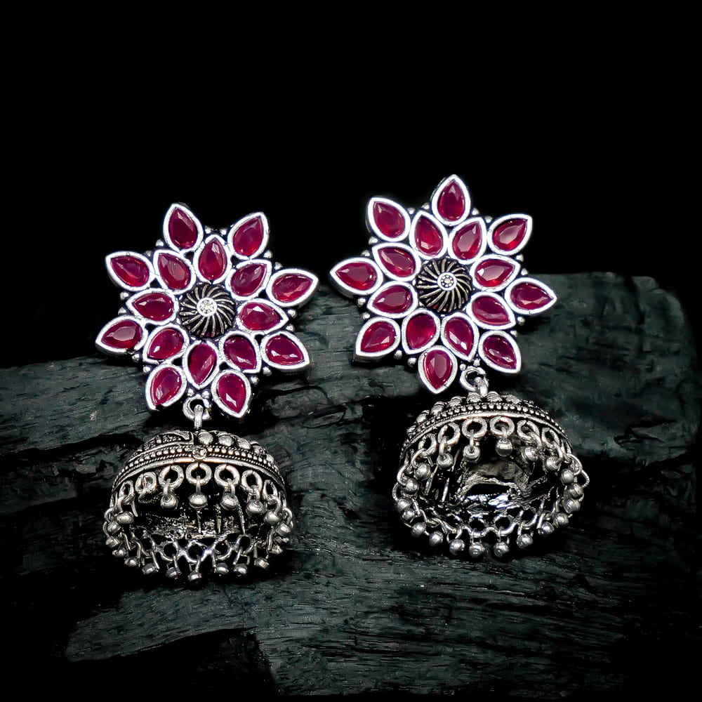 Buy Ferosh Aloka Floral Deep Red Stone Silver Oxidized Jhumkis - Purplle