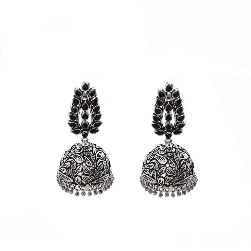 Buy Ferosh Gaura Black Floral Silver Oxidized Jhumki Earrings - Purplle