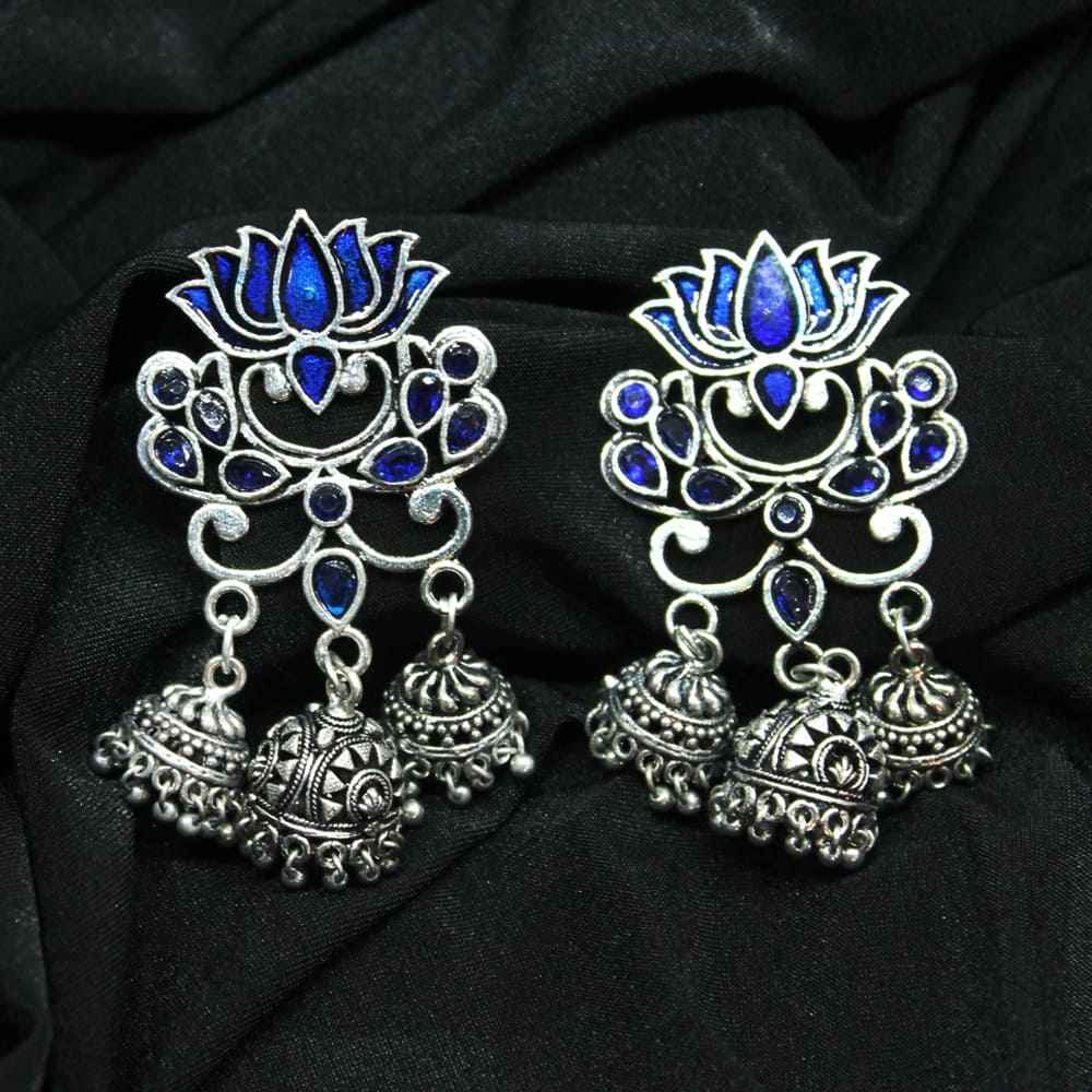Buy Ferosh Unaisa Blue Lotus Jewel Tri-Jhumka Silver Oxidized Earrings - Purplle
