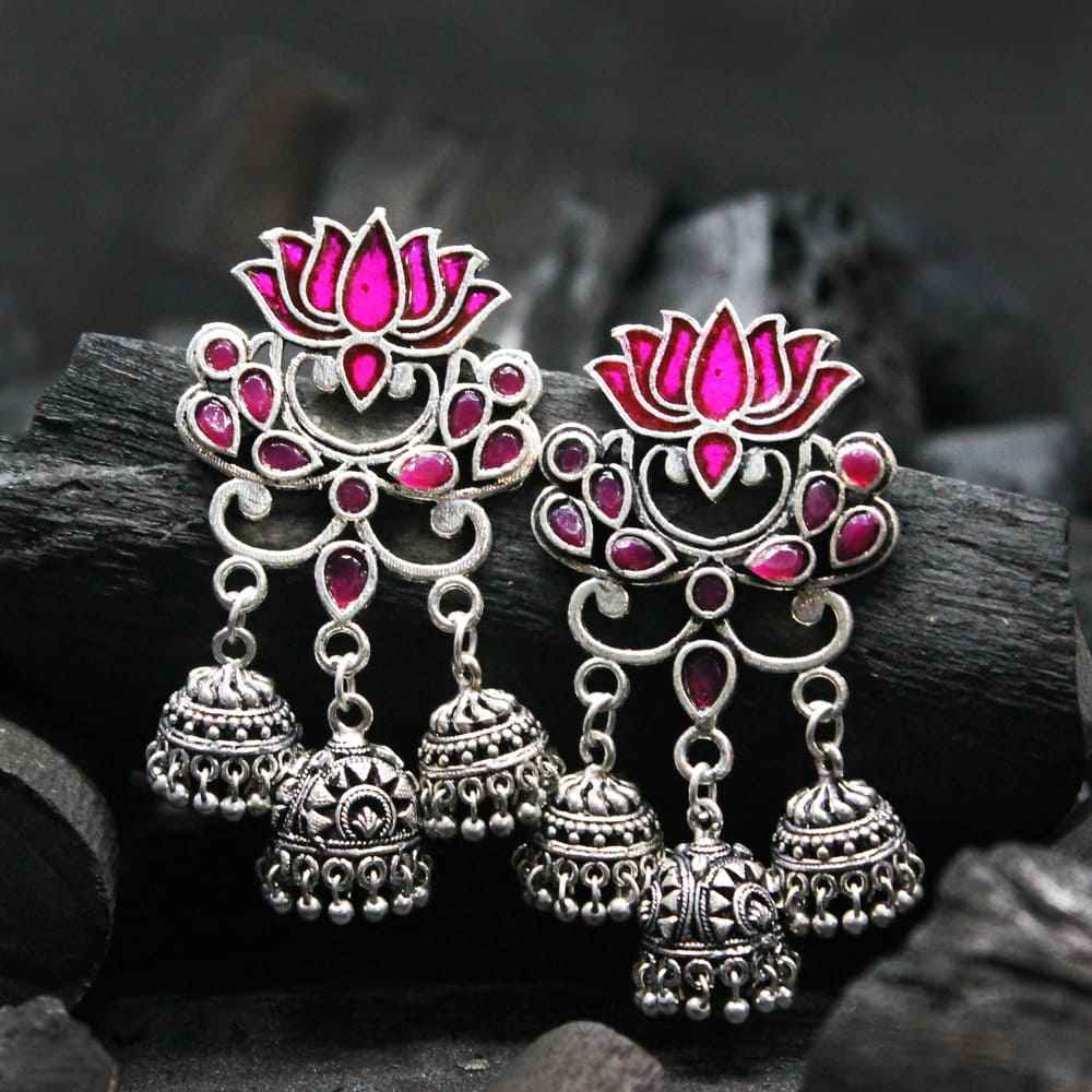 Buy Ferosh Unaisa Pink Lotus Jewel Tri-Jhumka Silver Oxidized Earrings - Purplle