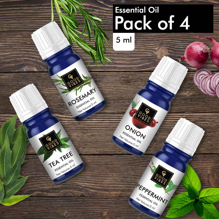 Buy Good Vibes Hair Revitalizing Essential Oils (Tea Tree, Peppermint, Rosemary, Onion) - Pack of 4 (5 ml x 4) - Purplle