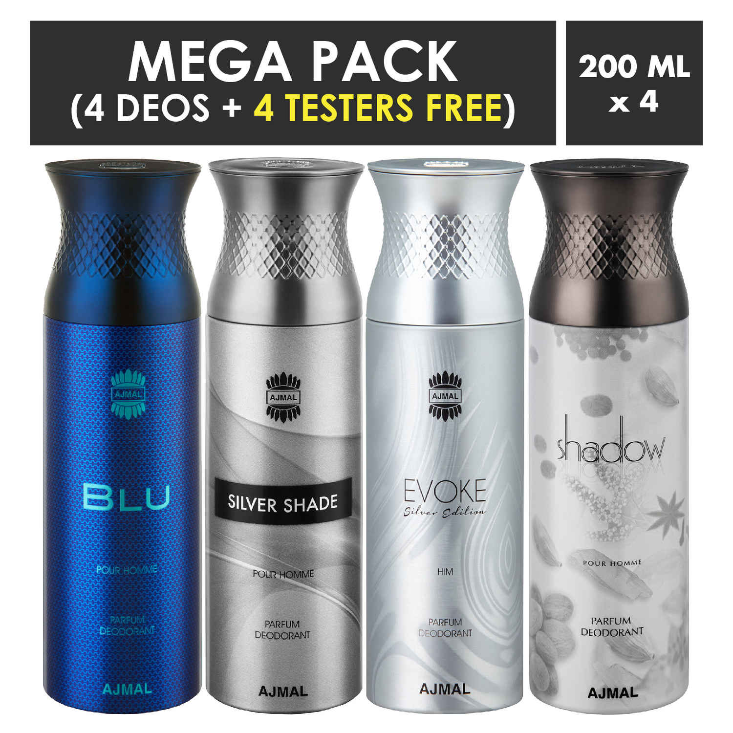 Buy Ajmal Blu & Silver Shade & EvokeSilver Edition Homme & Shadow Homme Deodorant Spray For Men 200ml each (Pack of 4, 800ml) + 4 Parfum Testers Free - Purplle