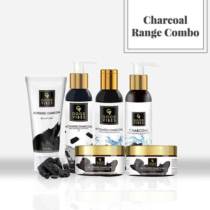 Buy Good Vibes Charcoal Range Combo - Face Wash, Scrub, Mask, Peel-off Mask, Shower Gel, Shampoo - Purplle