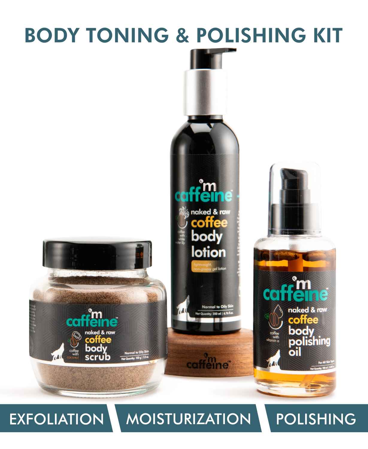 Buy mCaffeine Coffee Body Toning & Polishing Kit | Nourishing, Tan Removal, Moisturization | Body Oil, Body Scrub, Body Lotion | Paraben & Mineral Oil Free 400 gm - Purplle