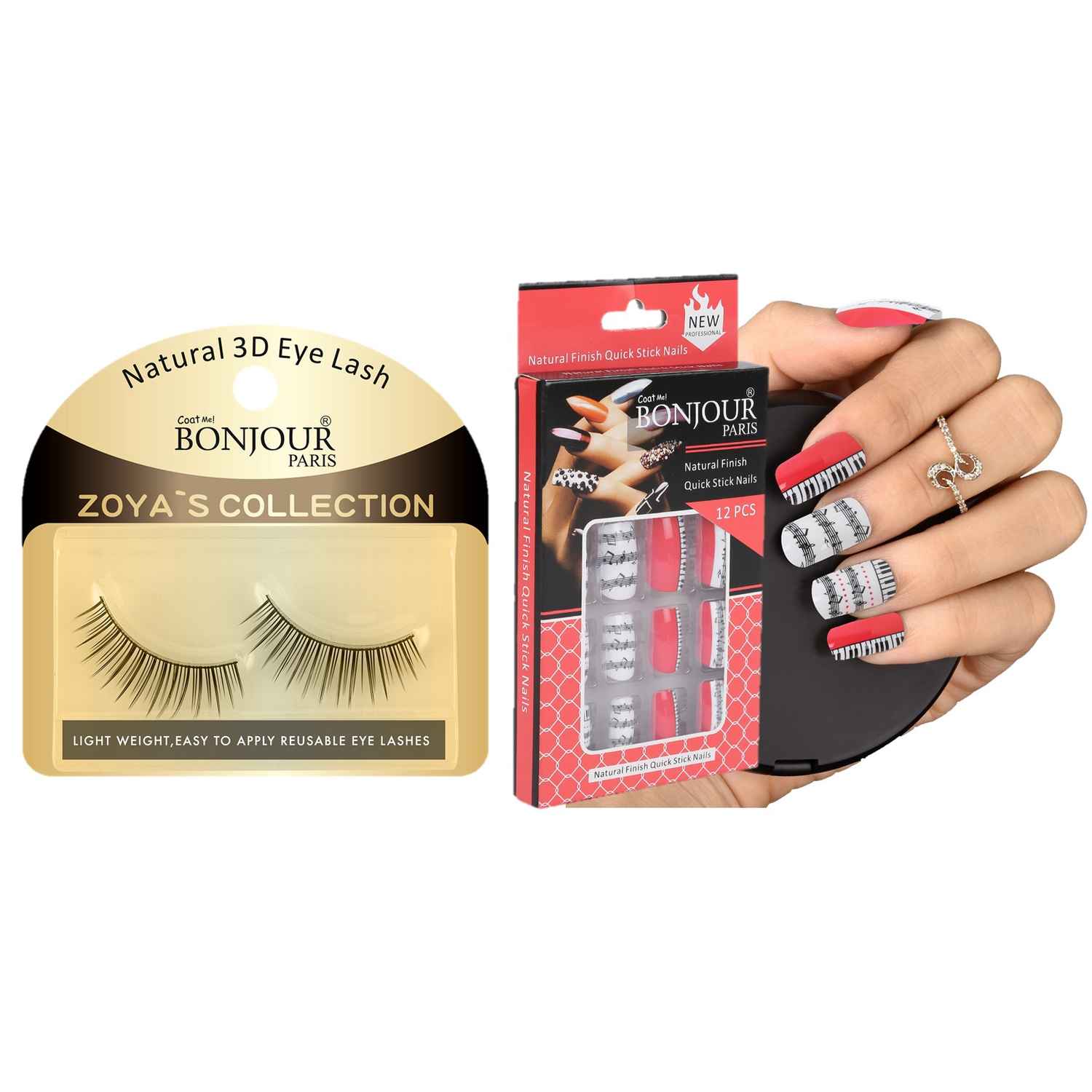 Buy Bonjour Paris 3D Synthetic False Eye Lashes + False Nail Set with Glue - Combo Offer FEL02-ANB23 - Purplle