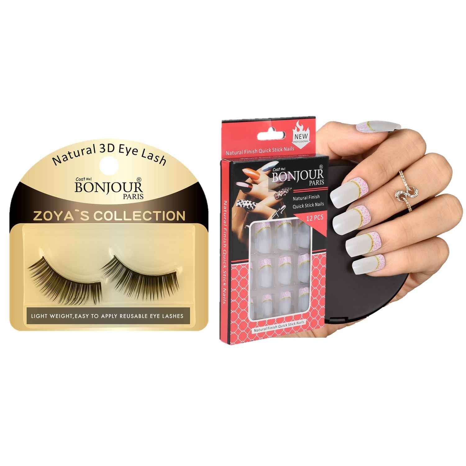 Buy Bonjour Paris 3D Synthetic False Eye Lashes + False Nail Set with Glue - Combo Offer FEL08-ANB28 - Purplle