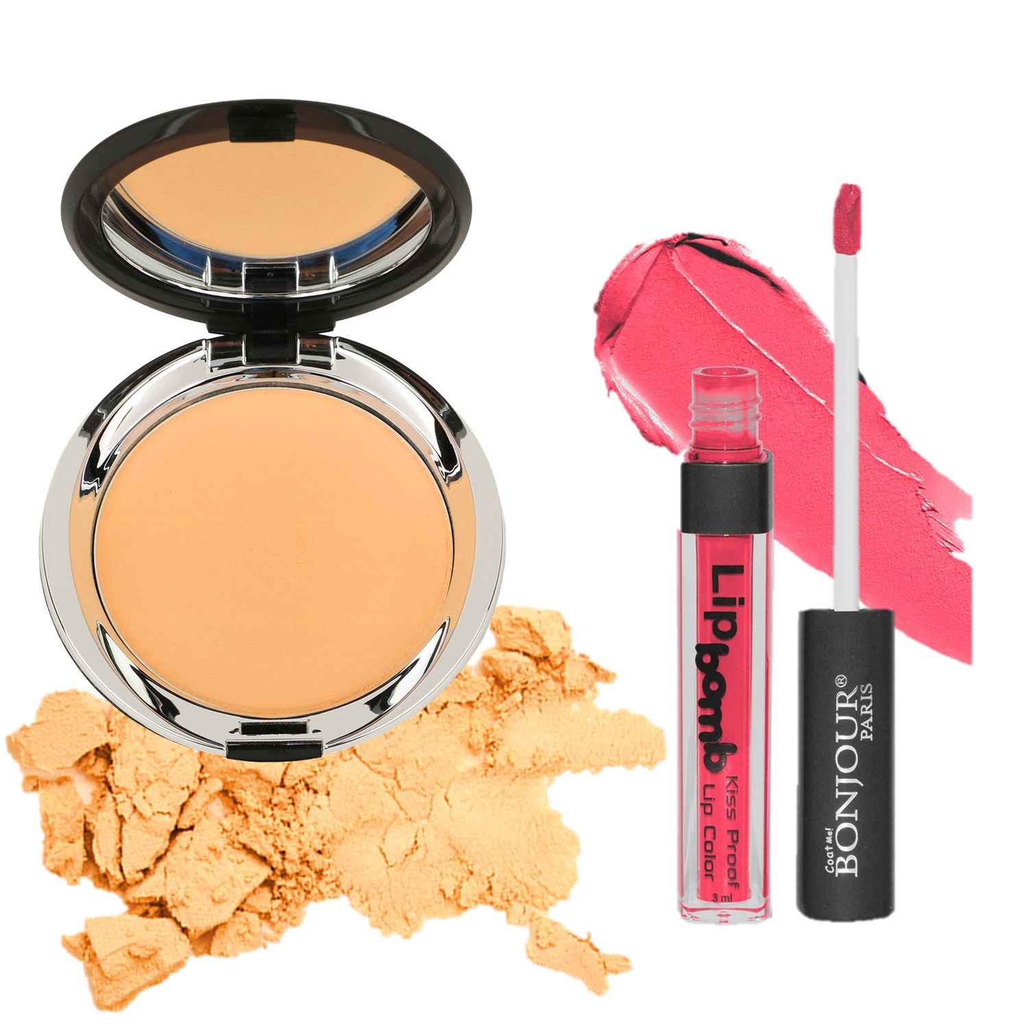 Buy Bonjour Paris Lip Bomb Super Matte Liquid Lip Gloss (Fiery Red) + Photo Match Translucent Compact(Natural Fair) - Combo Pack of 2 LGB09-14-NEW-CPB04-01 - Purplle