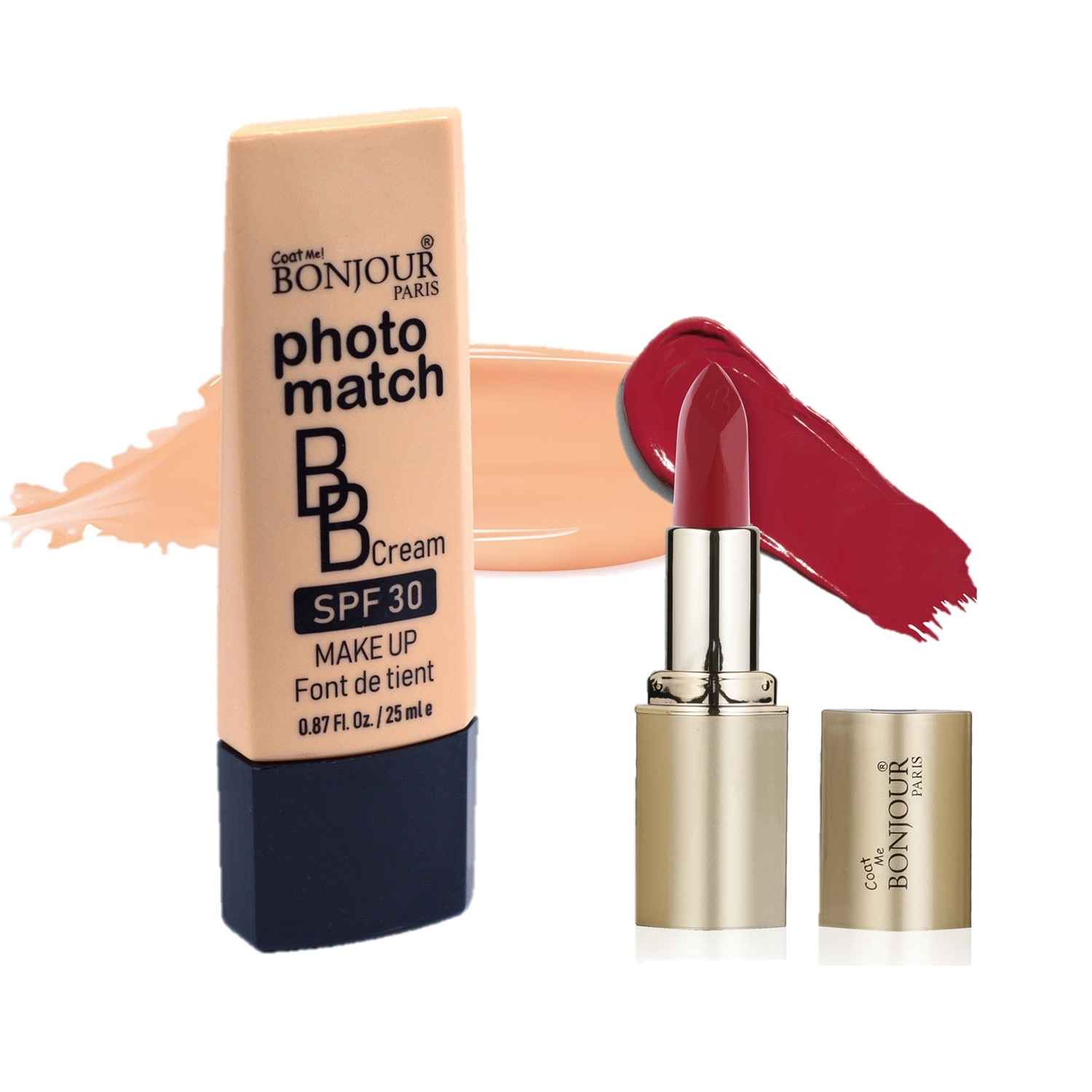 Buy Bonjour Paris Photo Match BB Cream (Rose Ivory) + Creme Lipstick (Intense Red) - Combo Offer _ BCB01-02-LSB02-25 - Purplle