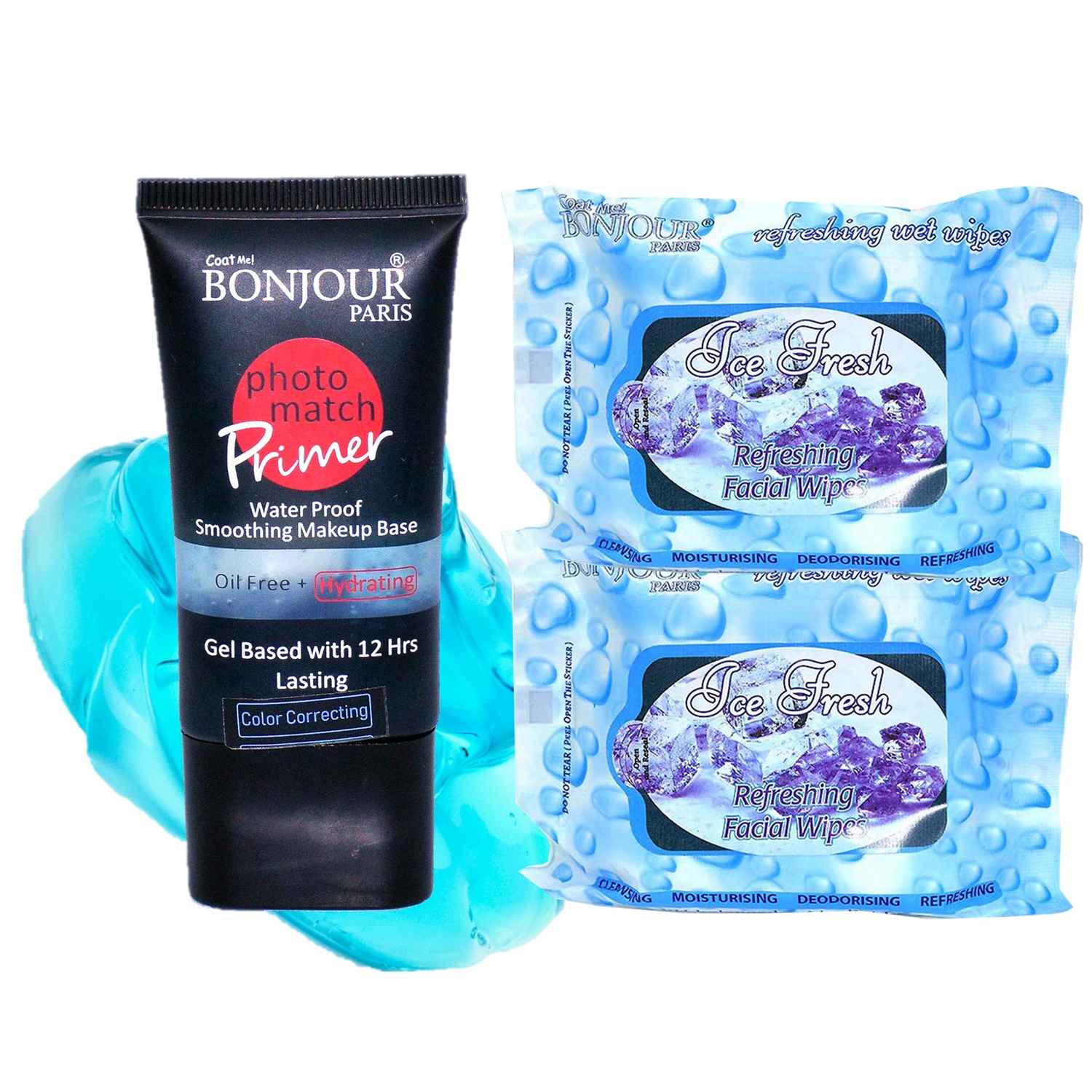 Buy Bonjour Paris Photo Match Color Correcting Silicone Gel Primer (Blue) + Wet Facial Wipes (Ice Fresh Flavor)- Pack of 2 PRB01-03-WPB02-IC-2PC - Purplle
