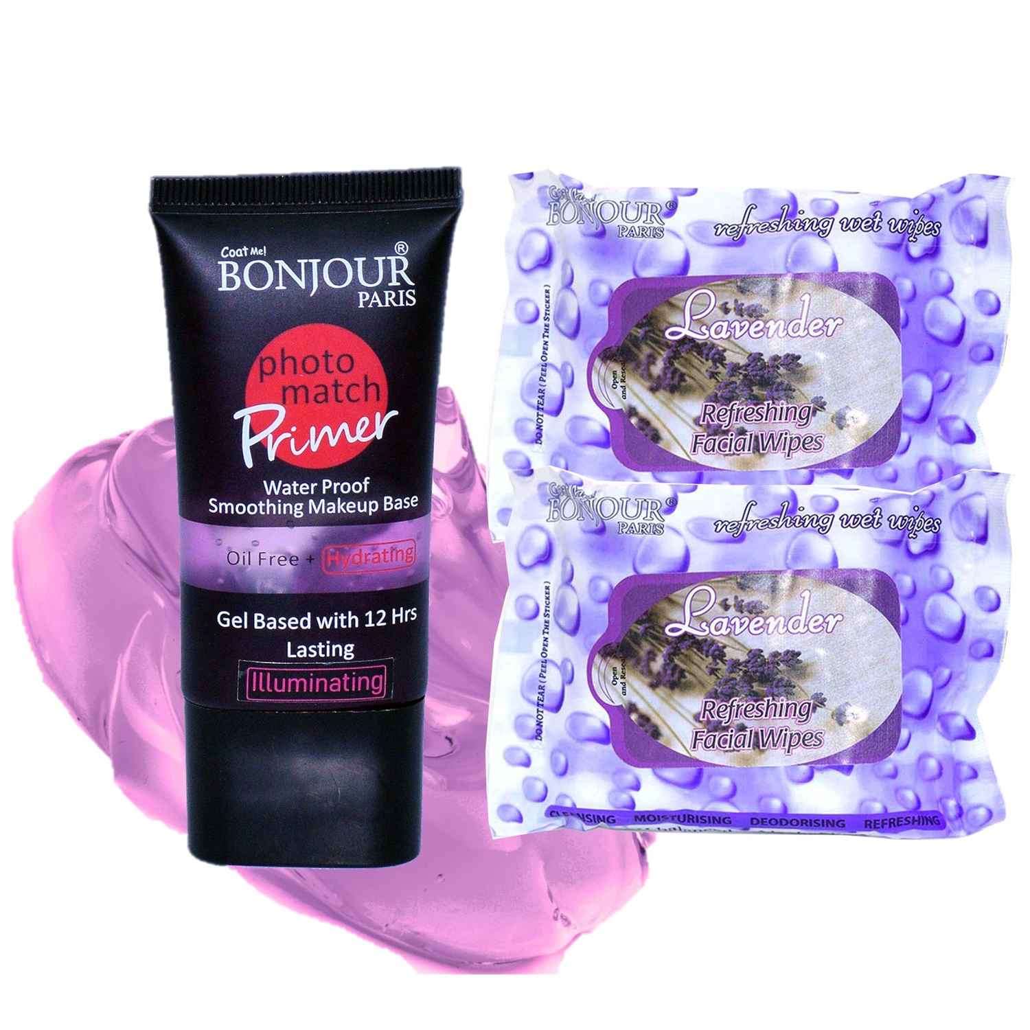 Buy Bonjour Paris Photo Match Illuminating Silicone Gel Primer (Pink)+ Wet Facial Wipes (Lavender Flavor)- Pack of 2 PRB01-02-WPB02-LV-2PC - Purplle