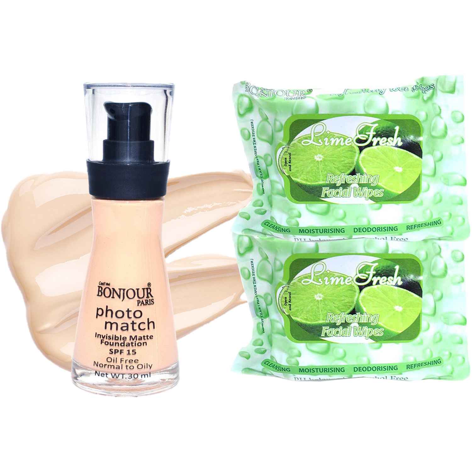 Buy Bonjour Paris Photo Match Invisible Matte Liquid Foundation (Ivory) + Wet Facial Wipes (Lime Fresh Flavor)- Pack of 2 FPB04-01-WPB02-LM-2PC - Purplle